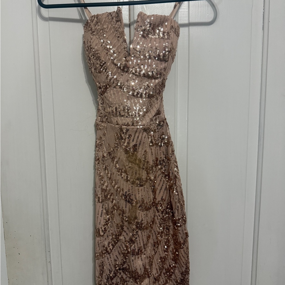 Sequined Rose Gold Evening Dress with Spaghetti Straps